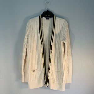 RALPH LAUREN SPORT Cream Long Knit Cardigan w/ Dark Navy & Yellow Button Lining